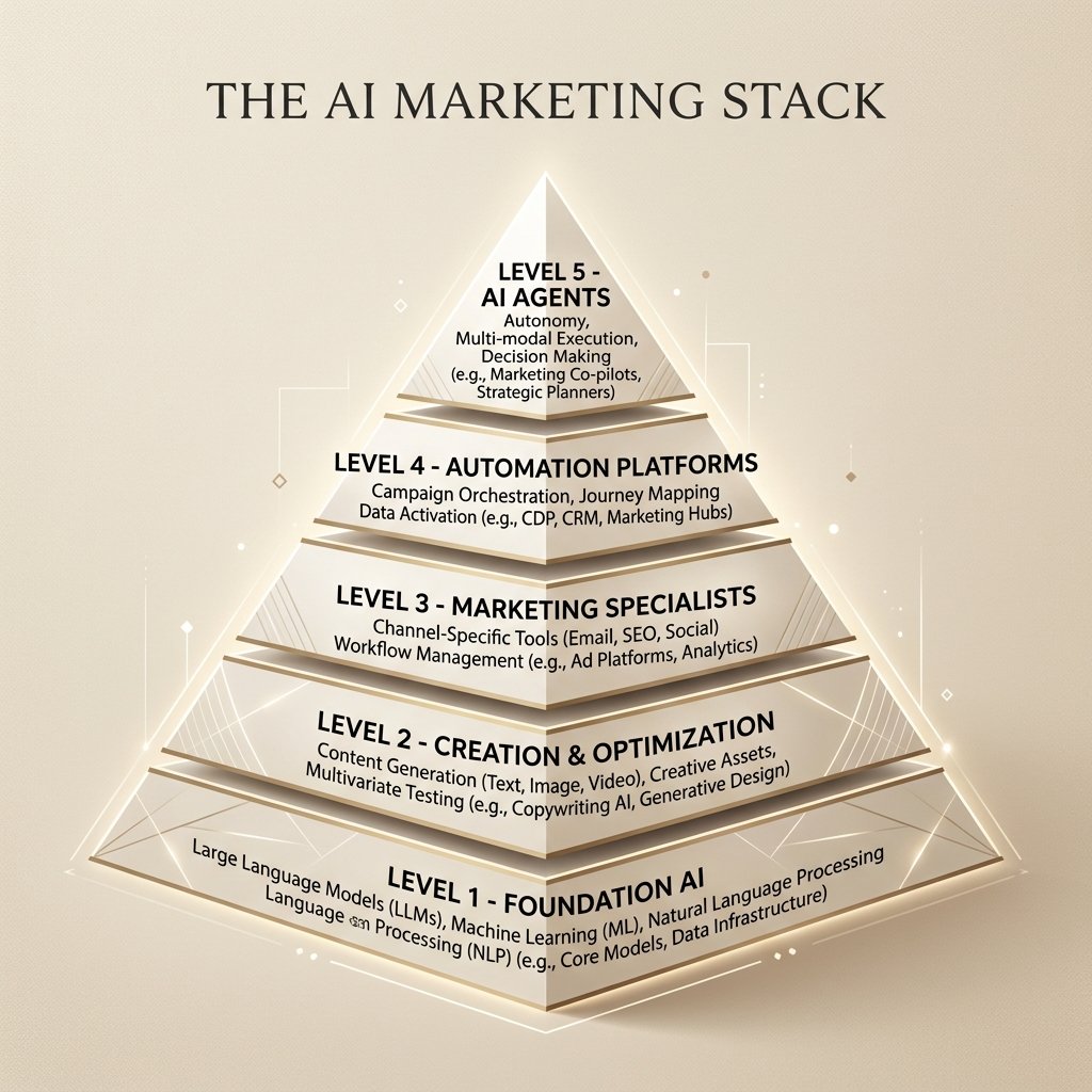 The AI Marketing Stack Pyramid - Five levels of tool hierarchy